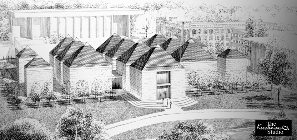 Traditional Ink Rendering of the Jones Museum for Hugh Newell Jacobsen, Architect.
