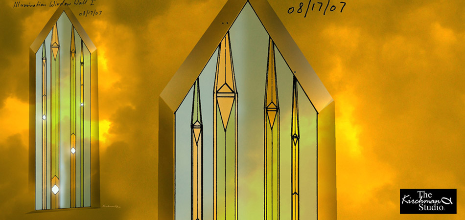 Visualization of Unique Design: Stained Glass Organ Pipes in Window by Xaver Wilhelmy.